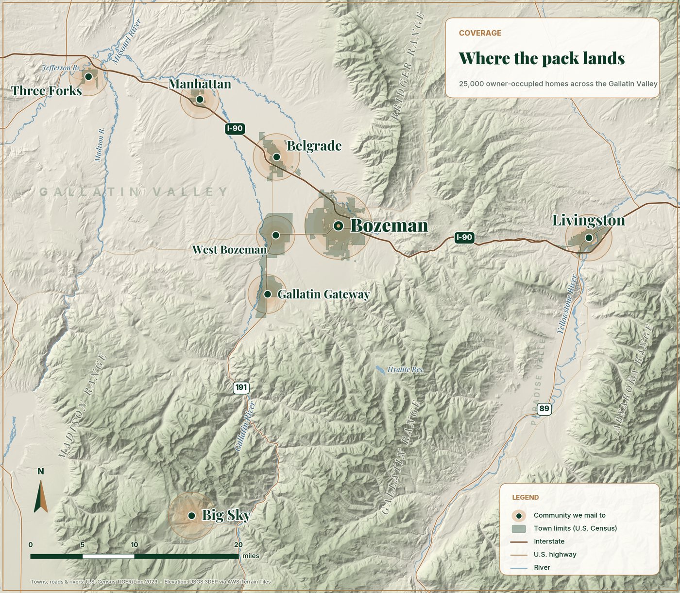 Map of the Best in Business mailing area in Montana's Gallatin Valley, highlighting the eight communities that receive the deck: Bozeman, West Bozeman (Four Corners), Belgrade, Manhattan, Three Forks, Gallatin Gateway, Big Sky and Livingston, with I-90, US-191 and the Bridger, Gallatin and Madison ranges for reference.