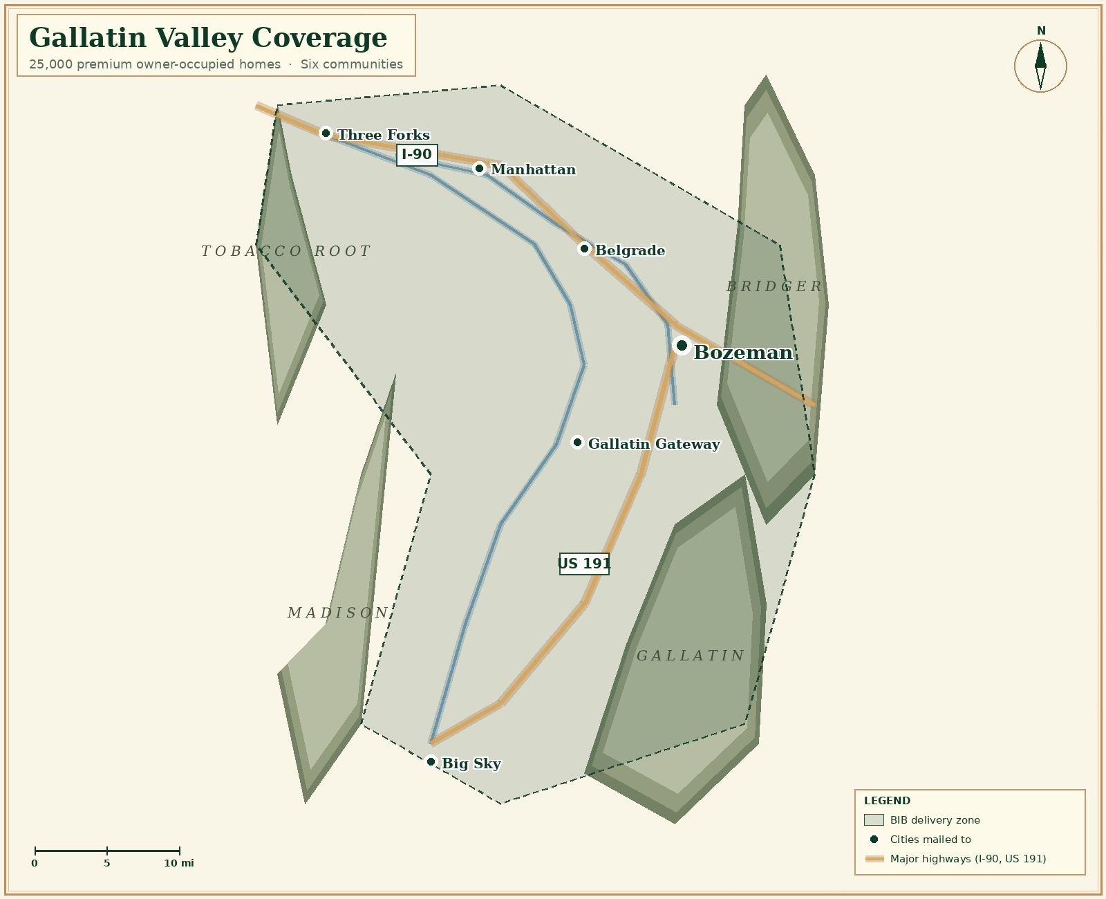 Gallatin Valley coverage area — Bozeman, Belgrade, Manhattan, Three Forks, Gallatin Gateway, and Big Sky