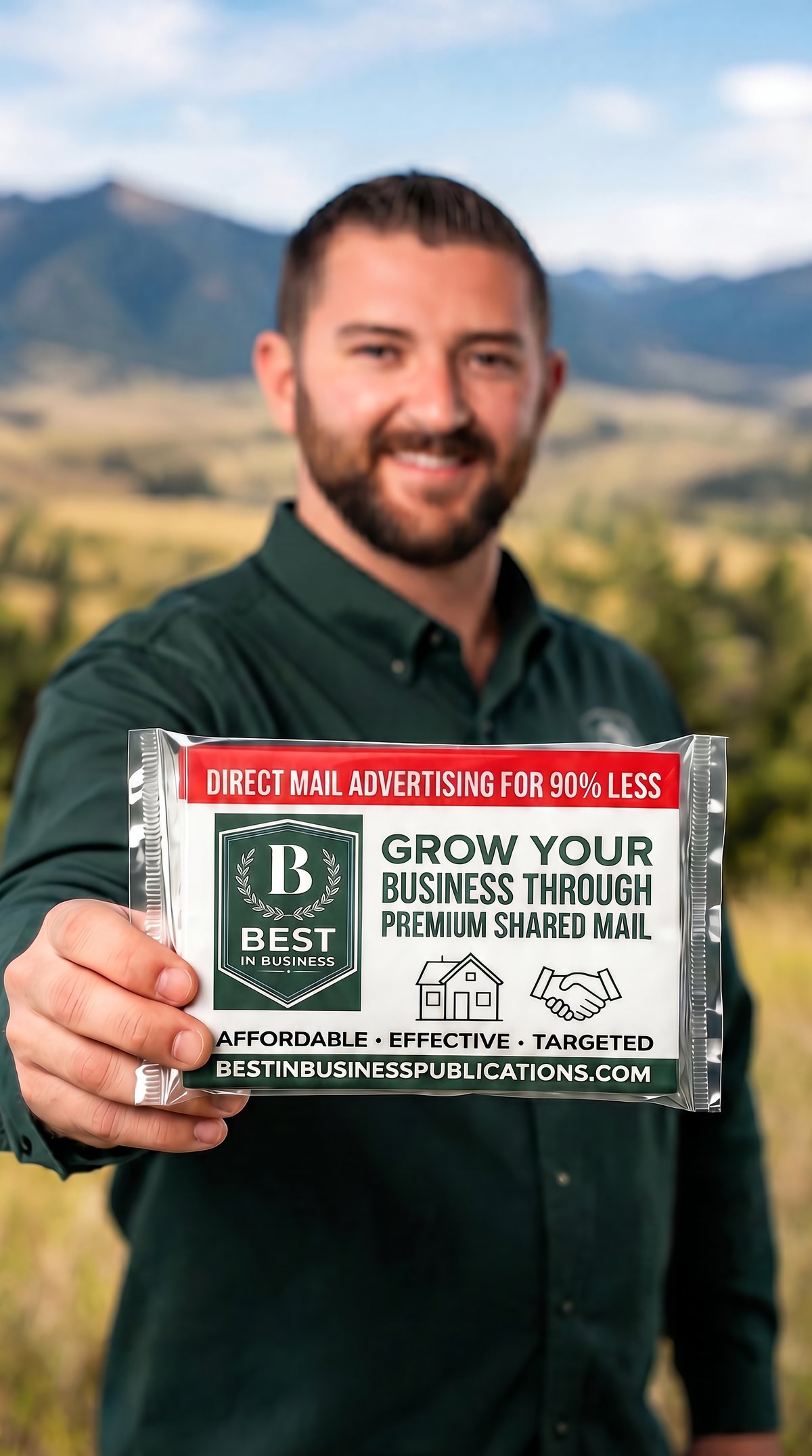 The founder of Best in Business holding a Best in Business shared-mail pack in front of the Bridger Mountains