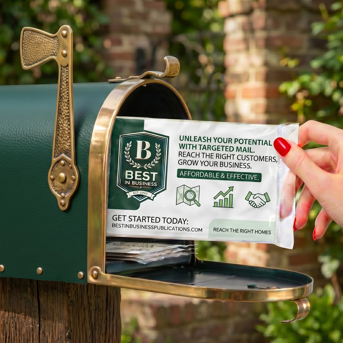 A Best In Business mailer package being delivered to a premium mailbox